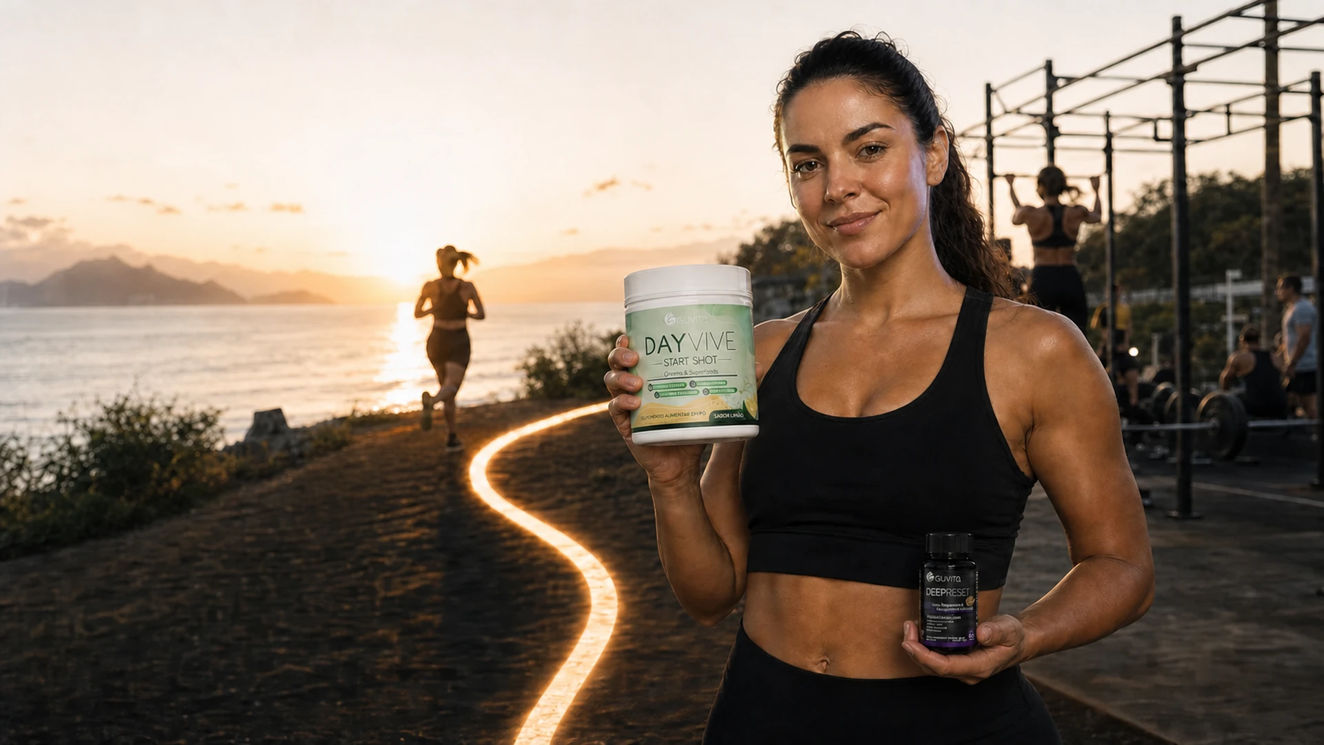 Mulher segura DAYVIVE para o ritual da manhã e DEEPRESET para o ritual da noite